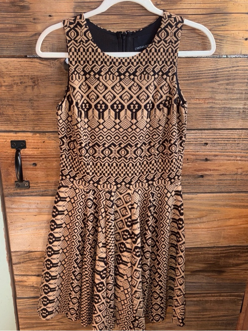 CYNTHIA ROWLEY Tan and Black Patterned Fit-and-Flare Dress